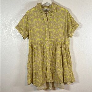 Devotion Twins Chartreuse & Tan Button Down Shirt Dress Tiered Size Small